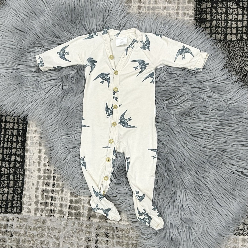 Kate Quinn "The Woods" Modal Footie With Blue Sparrow Print‎ Size 3-6 Month